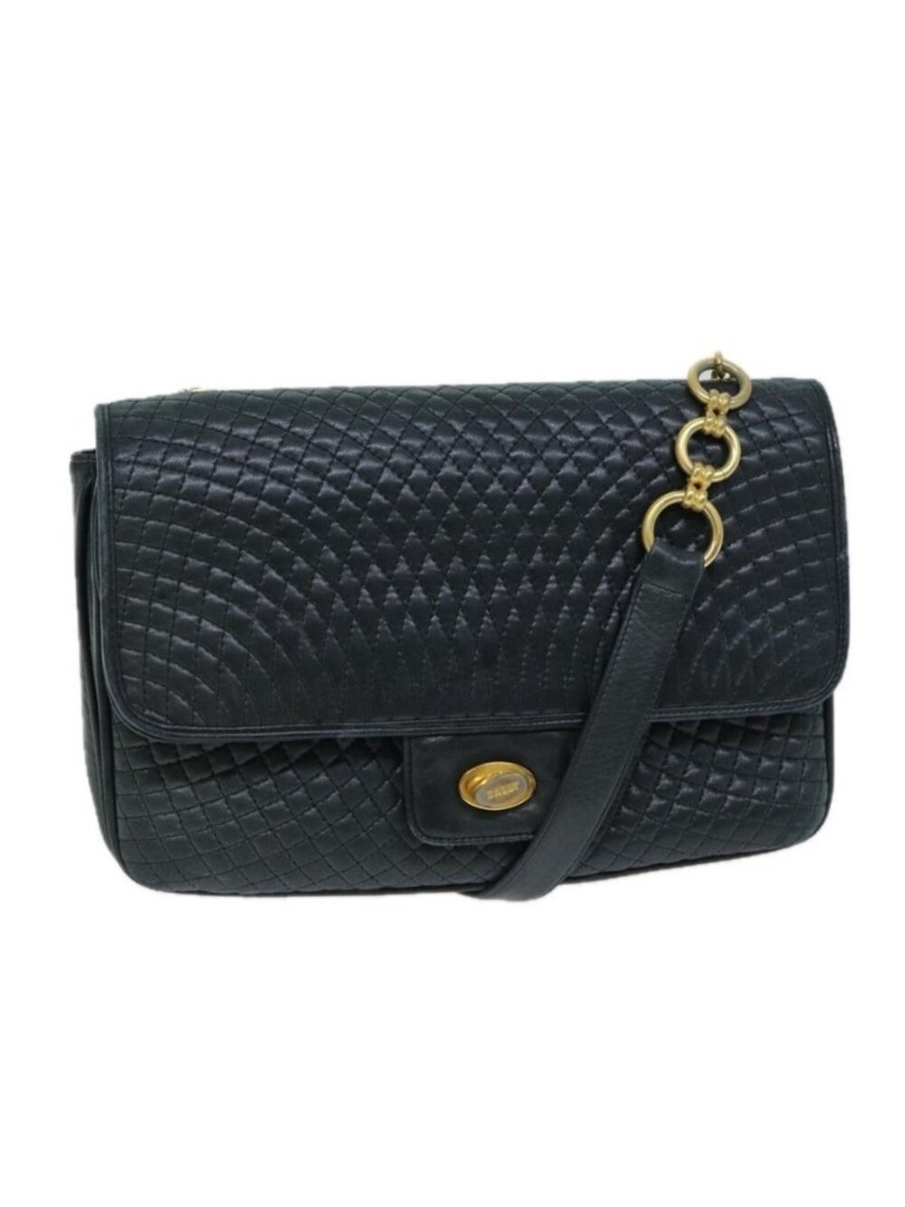 Authentic BALLY Shoulder Bag Leather Navy